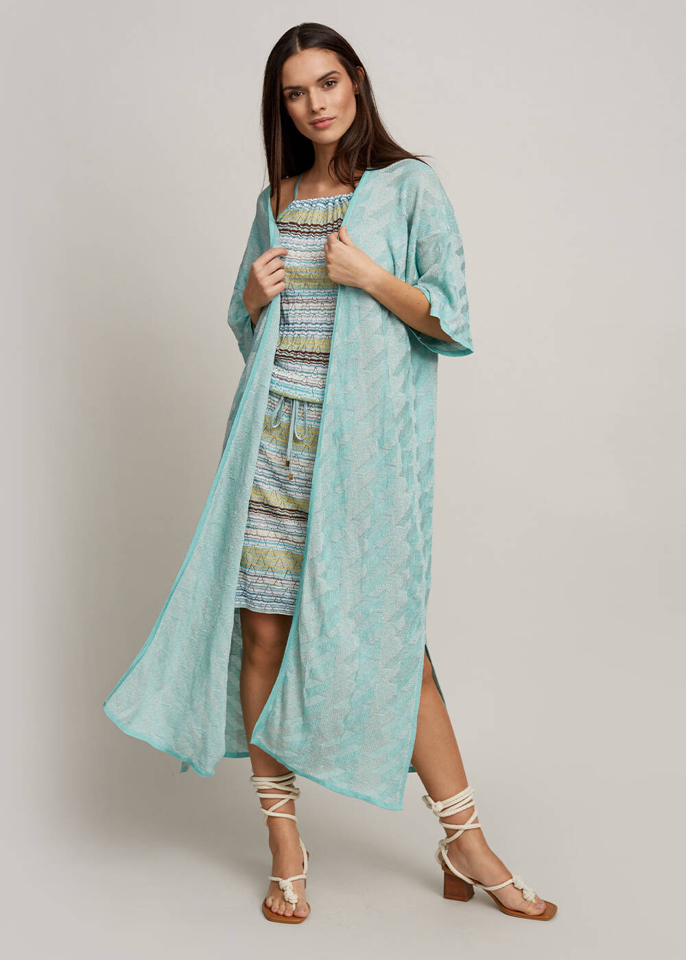 3/4 Sleeve Lurex Blue Kimono Knit Cardigan - 1