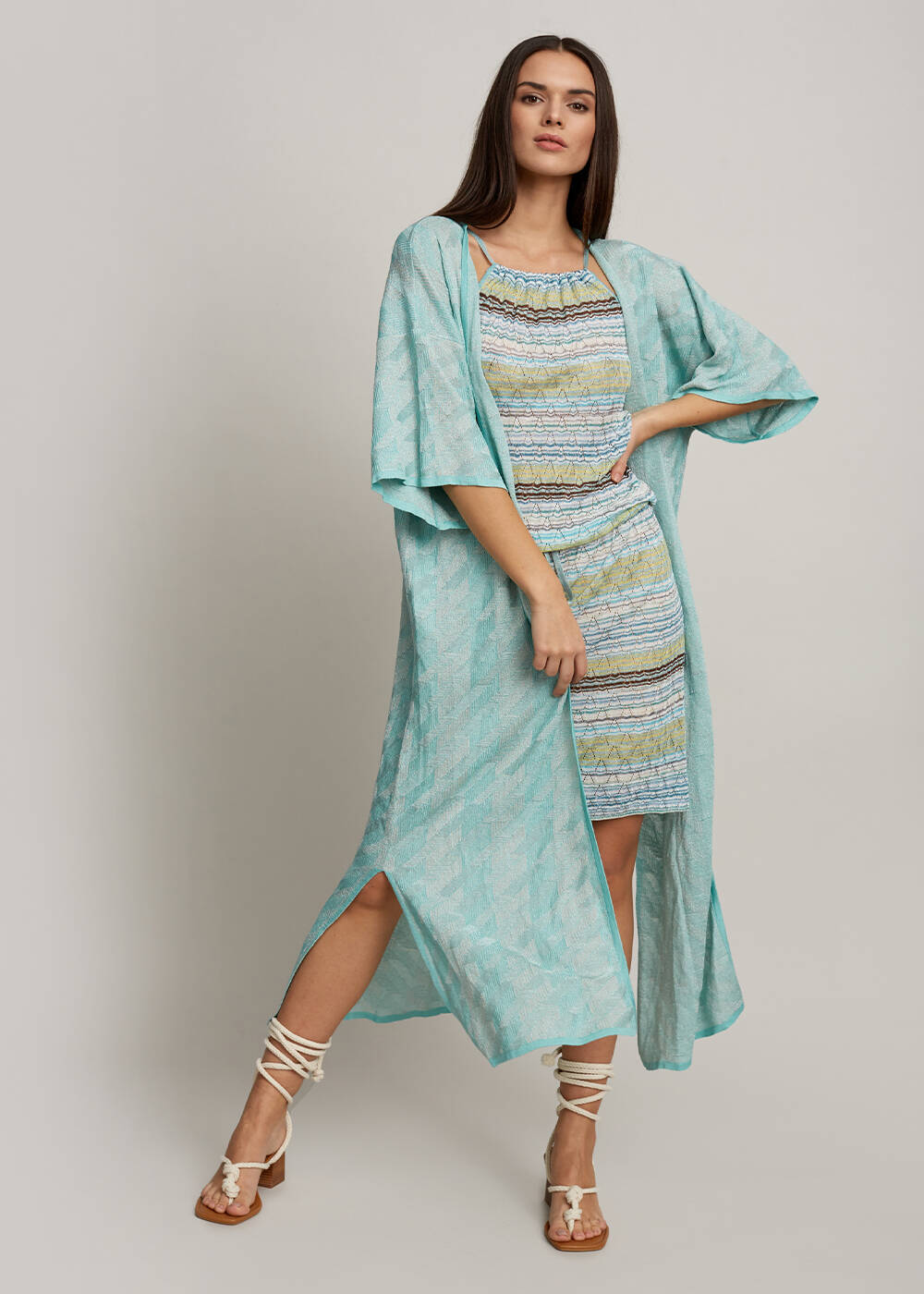 3/4 Sleeve Lurex Blue Kimono Knit Cardigan - 2