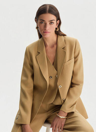 Bej Keten Blazer Ceket