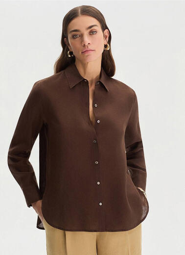 Kahve Regular Fıt Keten Gömlek