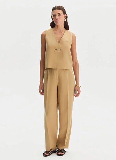 Bej Keten Pileli Pantolon