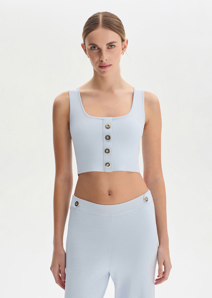 Açık Mavi Crop Triko Üst - KNITSS