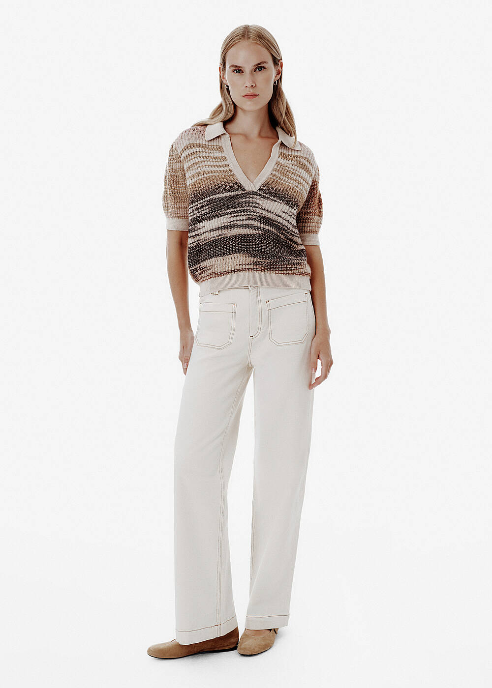Ajour Detail Balloon-Sleeve Multicolor Polo Knit Top - 2