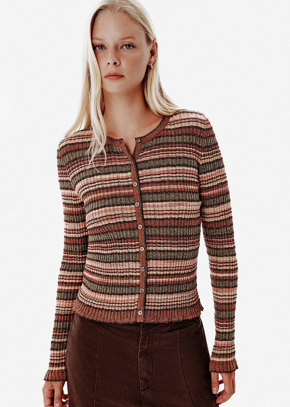 Ajour Knit Brown-Green Color Gradient Cardigan - 1