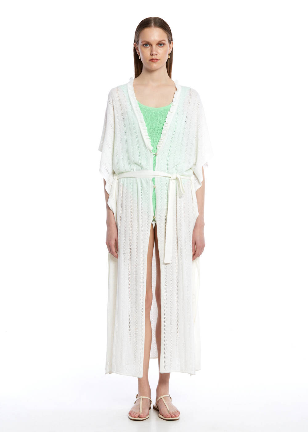 Ajur Örgü Beyaz Triko Kaftan - 1