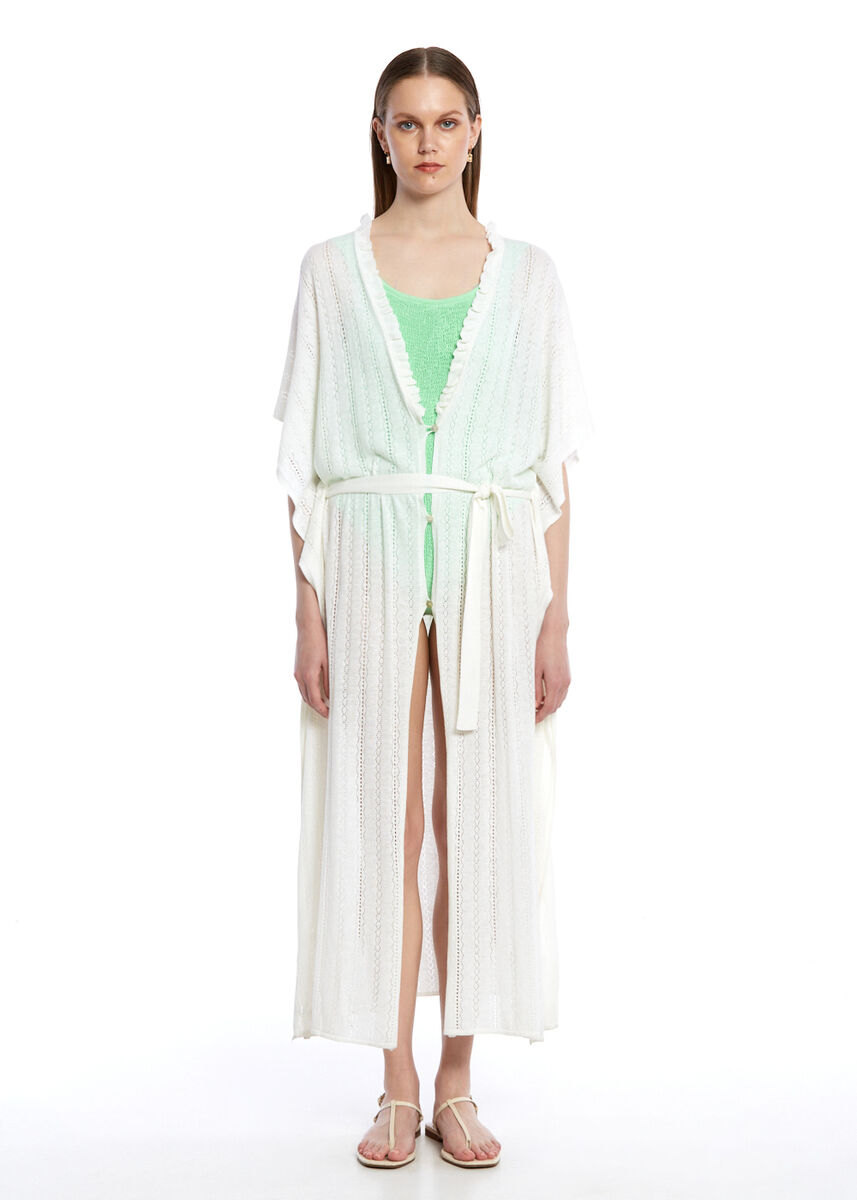 Ajur Örgü Beyaz Triko Kaftan - KNITSS