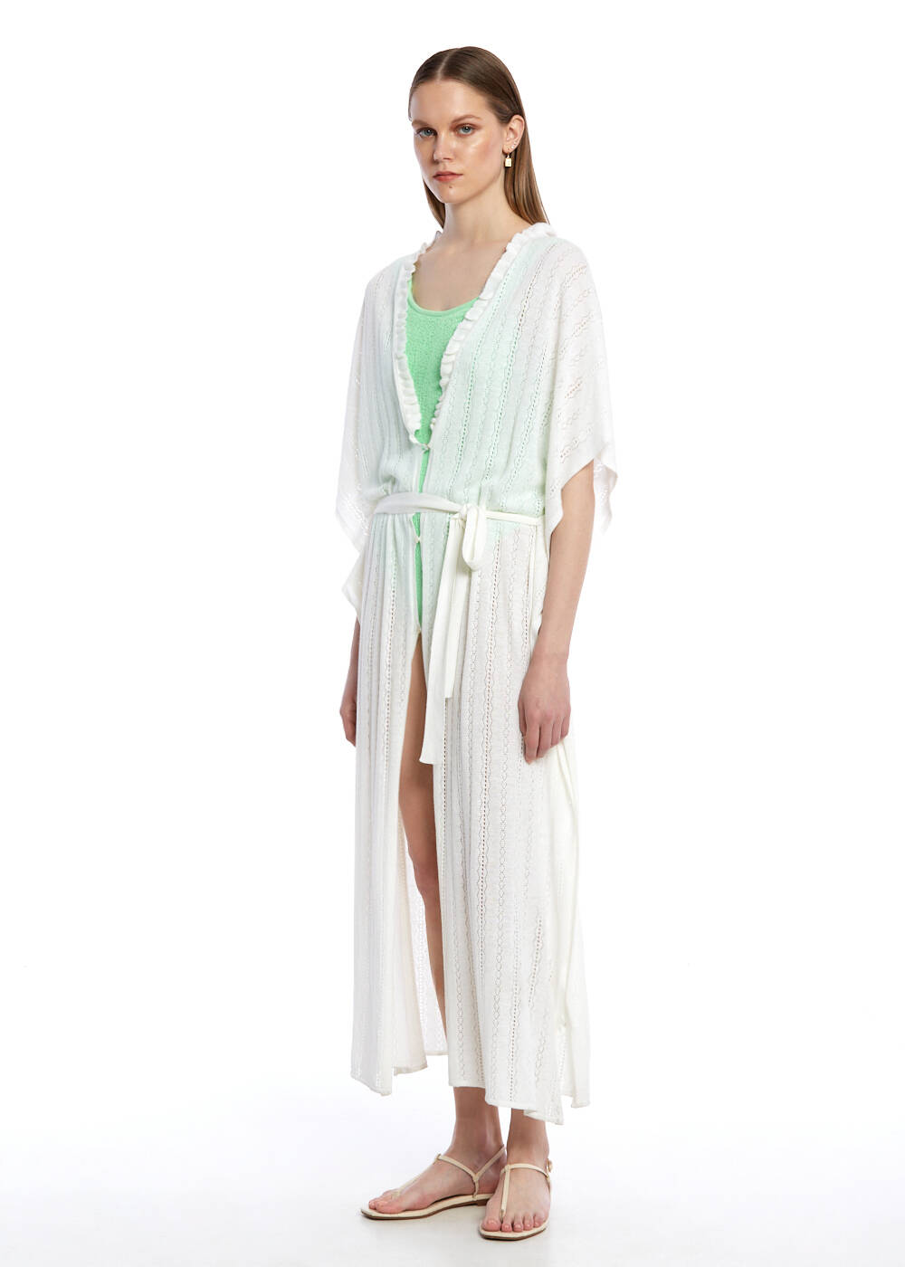 Ajur Örgü Beyaz Triko Kaftan - 2