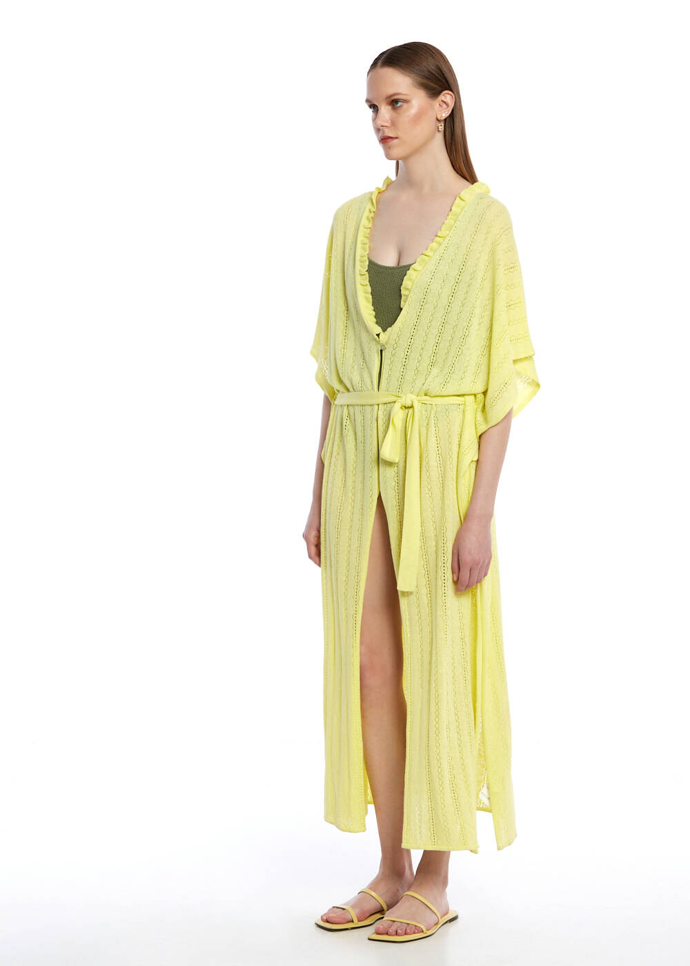 Ajur Örgü Sarı Triko Kaftan - 2