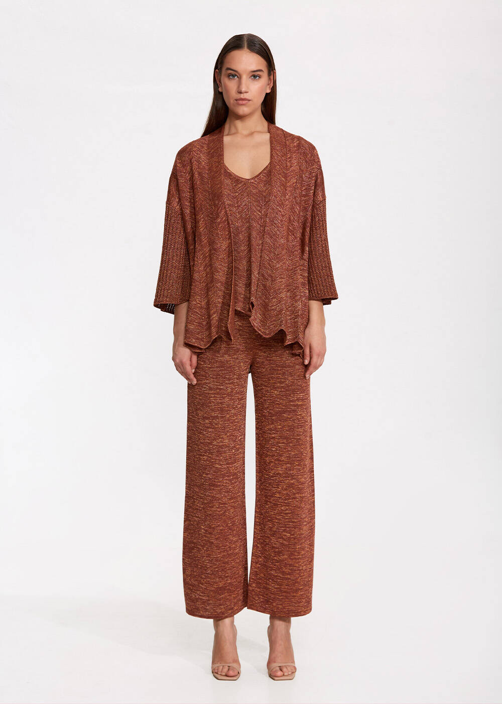 Ajur Örgülü Oversize Bronz Triko Hırka - 1