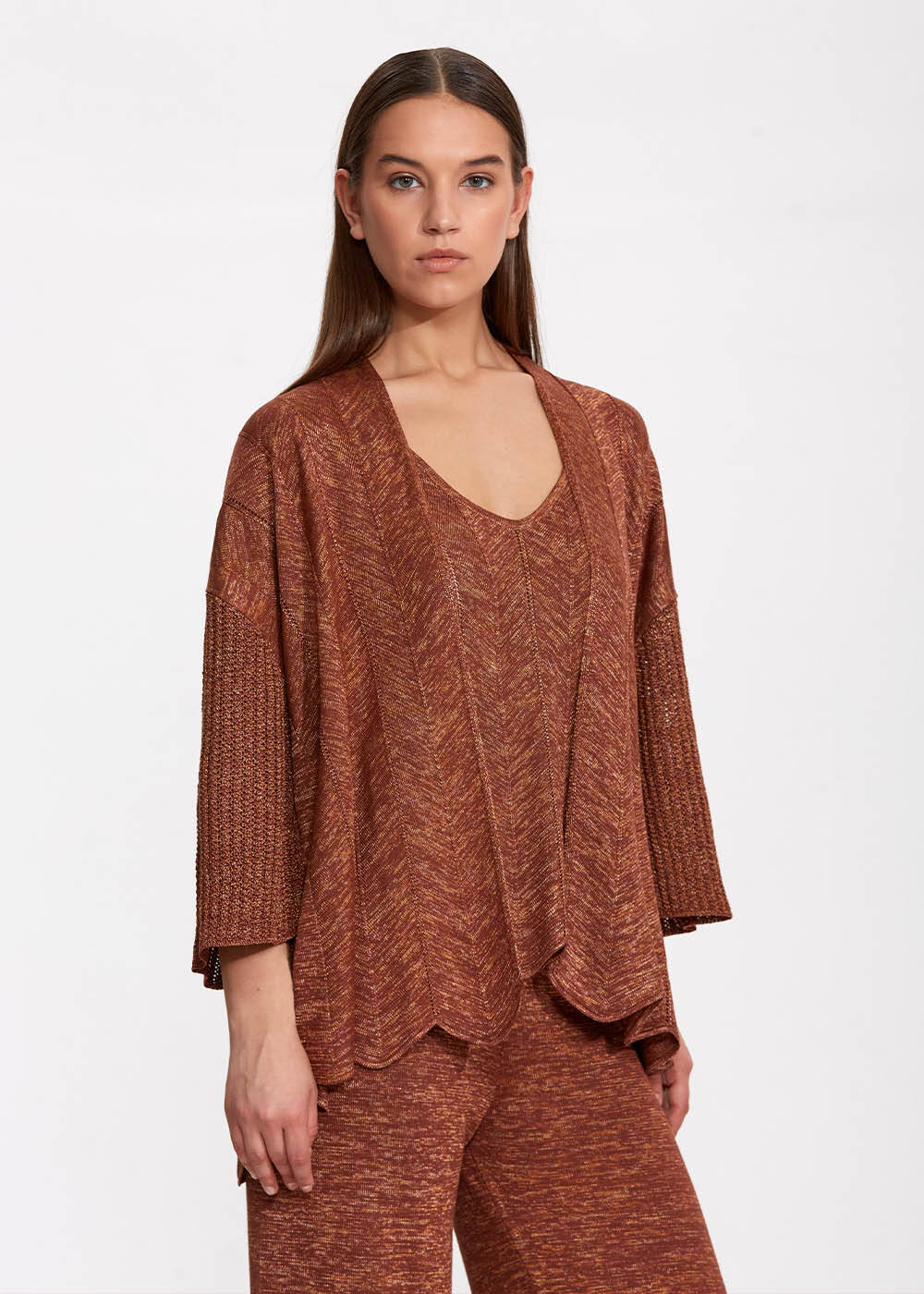 Ajur Örgülü Oversize Bronz Triko Hırka - 2