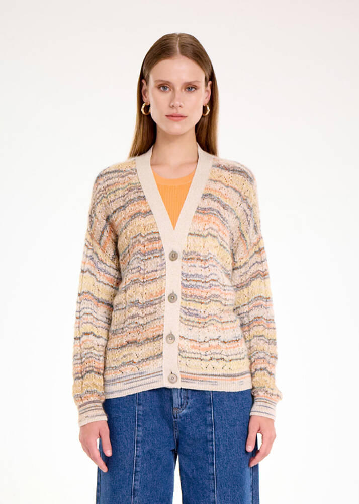 ALPACA BLEND RAINBOW COLOR BLOCK KNIT CARDIGAN - 1