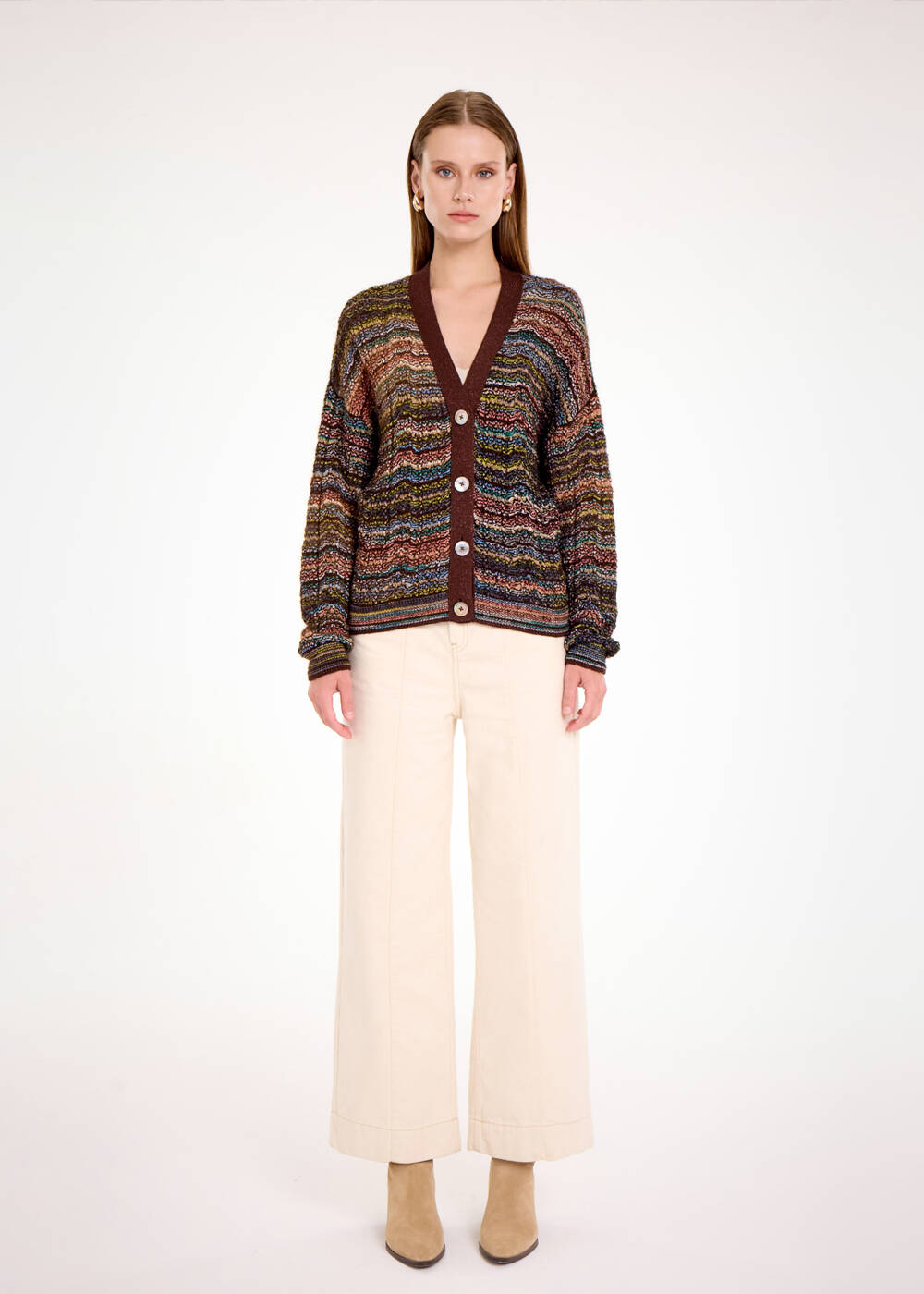 ALPACA BLEND TEAL COLOR BLOCK KNIT CARDIGAN - 2