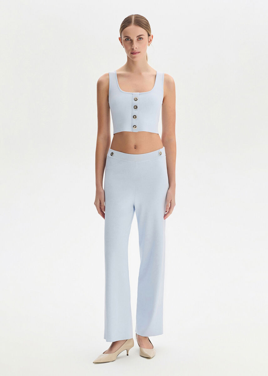 Apolet Detaylı Açık Mavi Triko Pantolon - KNITSS