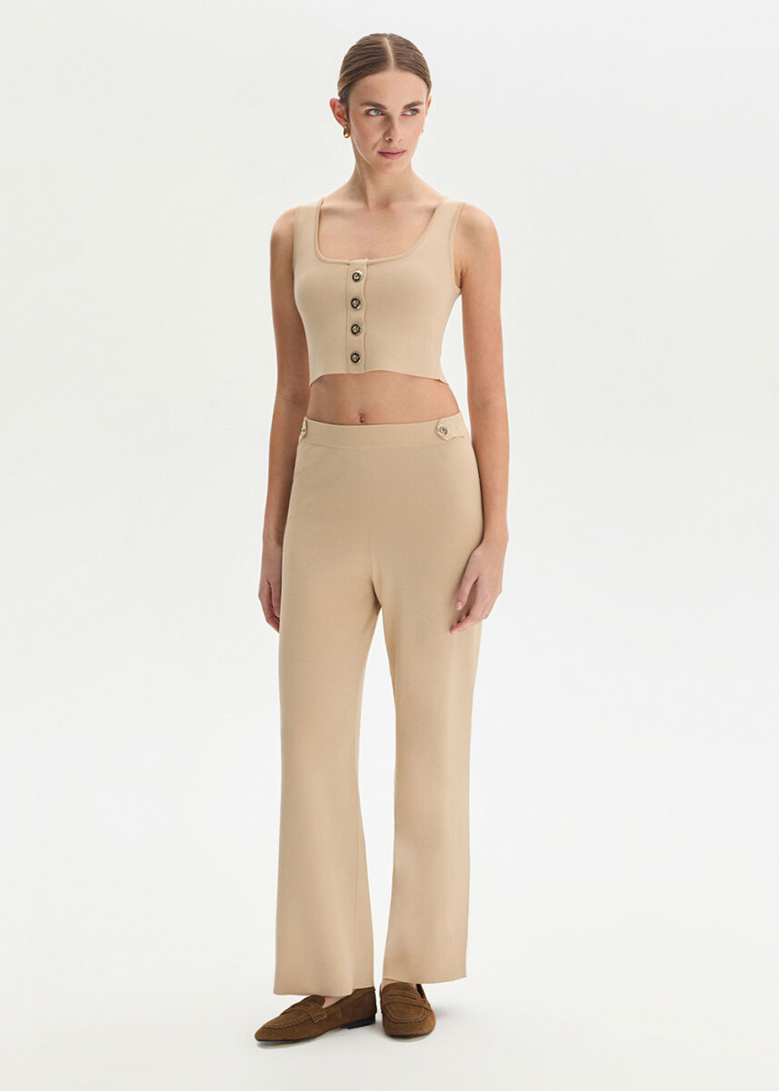 Apolet Detaylı Bej Triko Pantolon - KNITSS