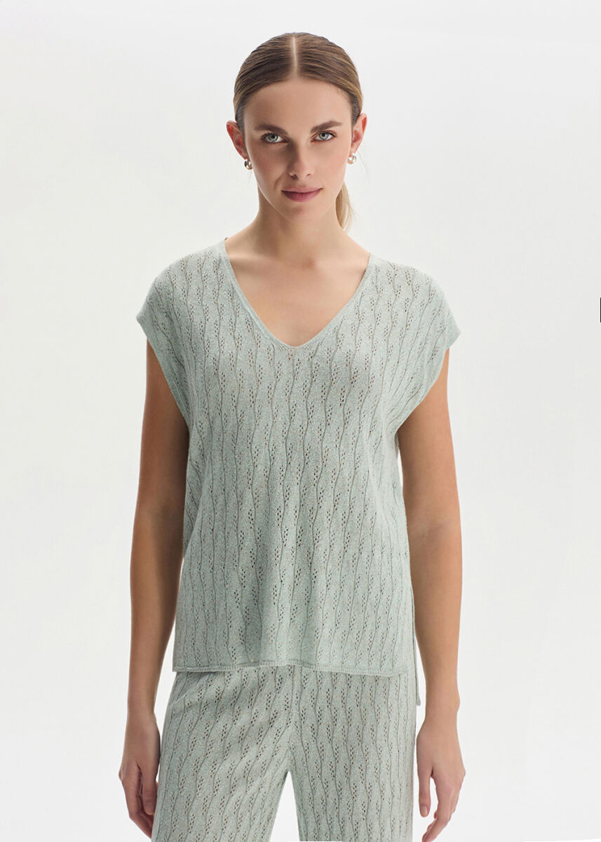 AQUA SHIMMERY LINEN BLEND KNIT TOP - KNITSS