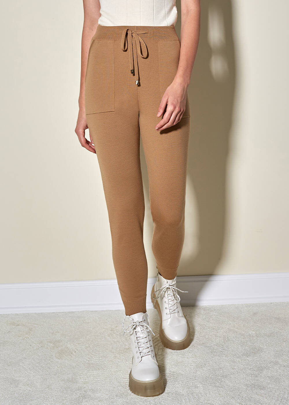 Bağcıklı Saf  Merino Yün Camel Triko Pantolon - 1