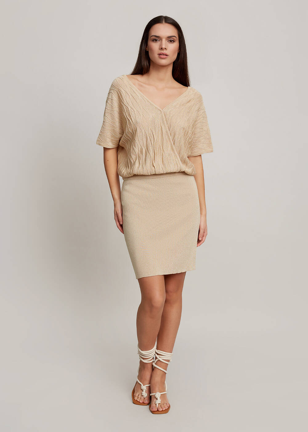 Beige V Neck Wrap Knit Dress - 2