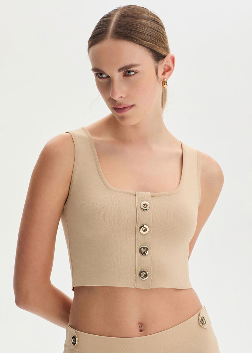 Bej Crop Triko Üst - KNITSS