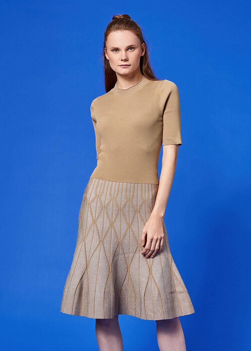 Bej Dizaltı Kloş Lurex Triko Elbise - 1