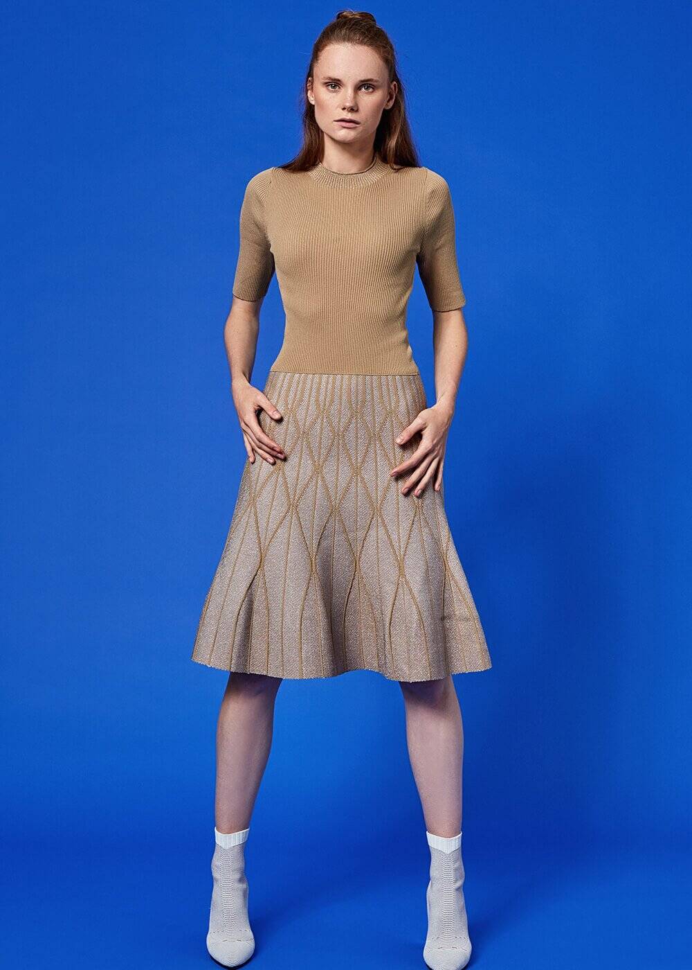 Bej Dizaltı Kloş Lurex Triko Elbise - 2