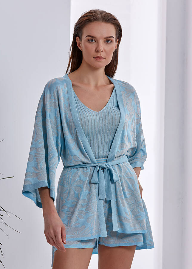 Belden Bağlı Parıltılı Mavi Desenli Kimono - 1