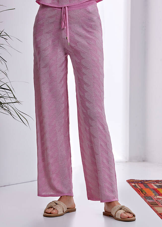 Ketenli Lurexli Desenlı Pembe Triko Pantolon - 1