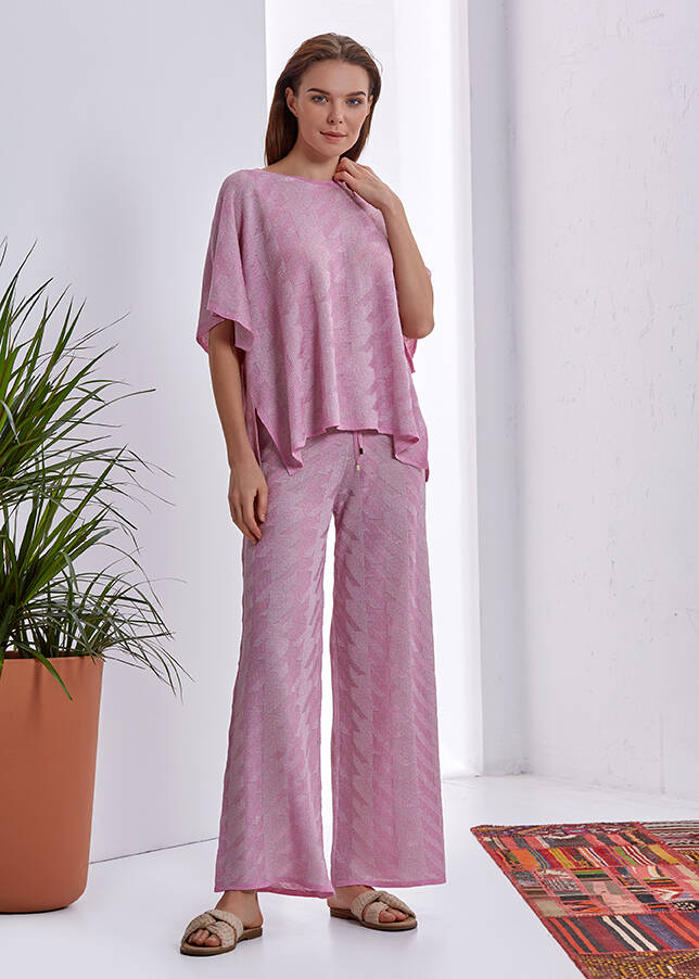 Ketenli Lurexli Desenlı Pembe Triko Pantolon - 2