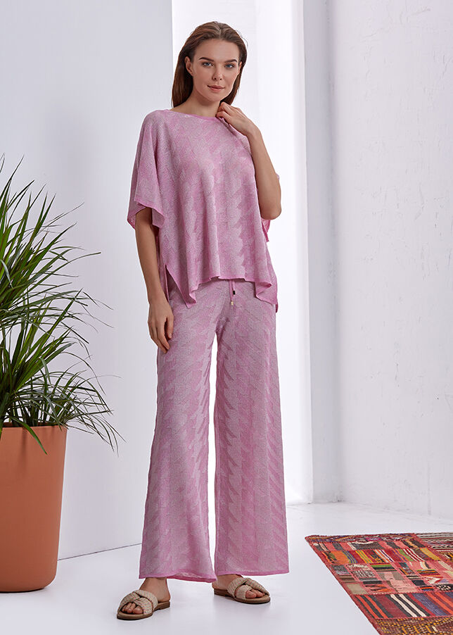 Ketenli Lurexli Desenlı Pembe Triko Pantolon · 2