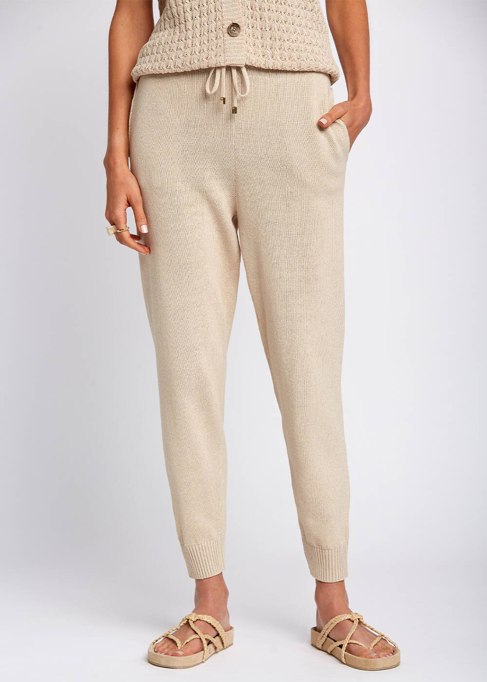 Beli Bağcıklı Bej Triko Jogging Pantolon - 1
