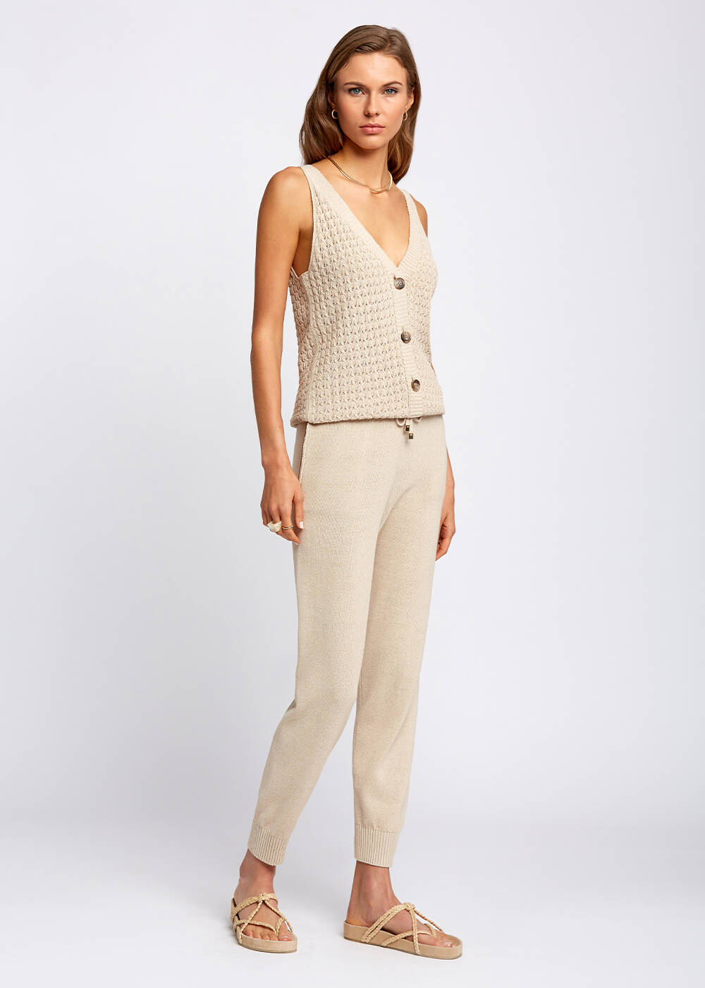 Beli Bağcıklı Bej Triko Jogging Pantolon - 2
