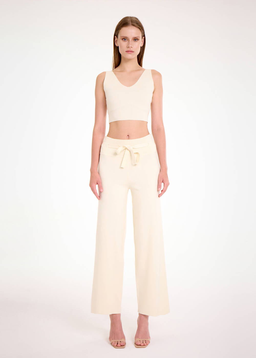 Beli Bağcıklı Krem Triko Pantolon - 2