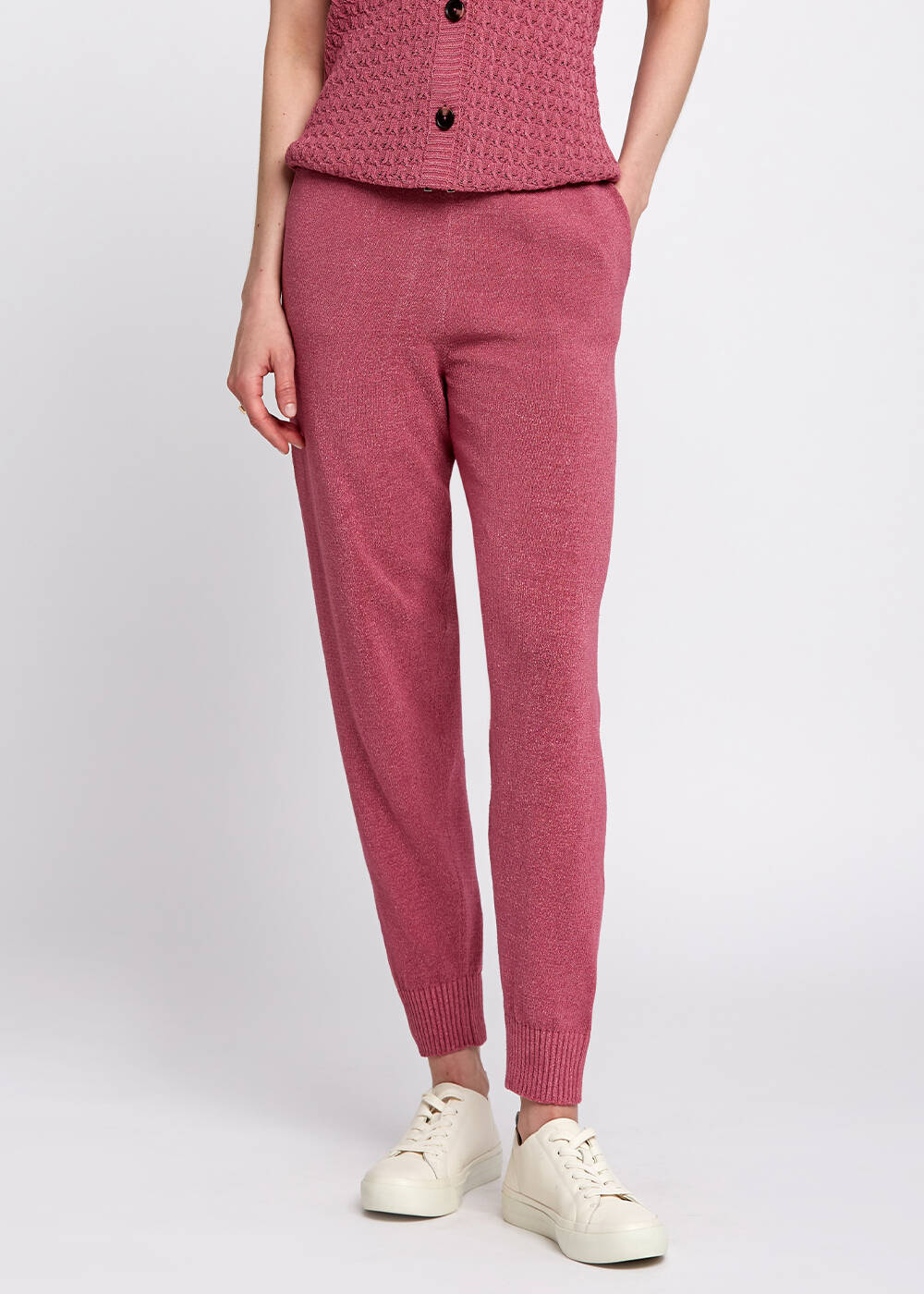 Beli Bağcıklı Pembe Triko Jogging Pantolon - 1