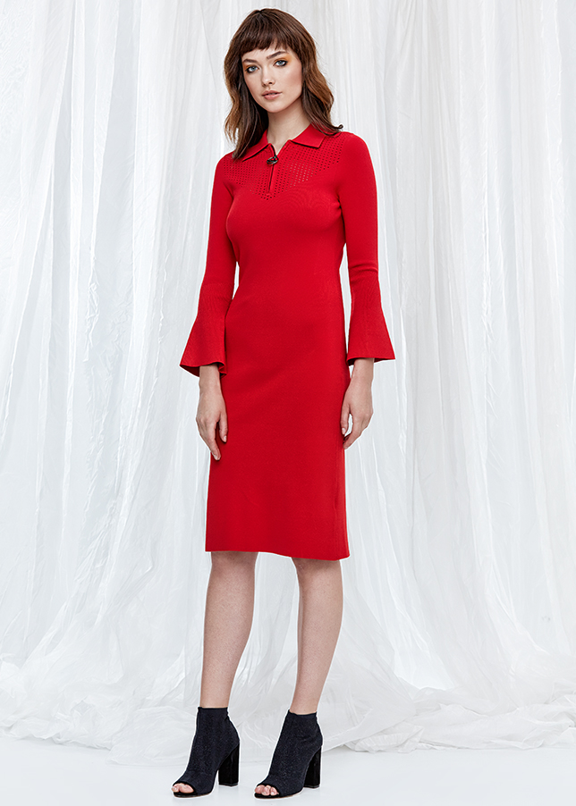 Bell Sleeve Red Knit Dress - 2