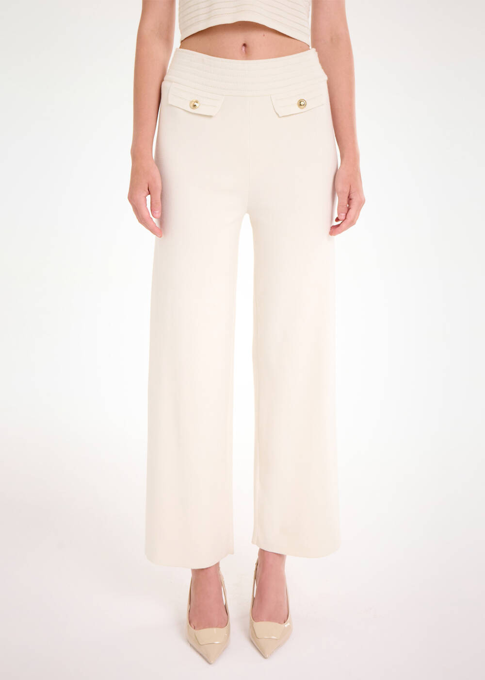 BELT DETAILED ECRU KNIT PANTS - 1