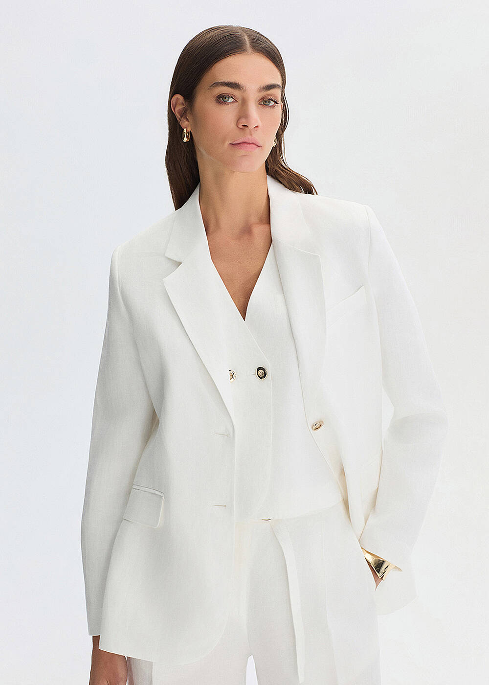 Beyaz Keten Blazer Ceket - 1