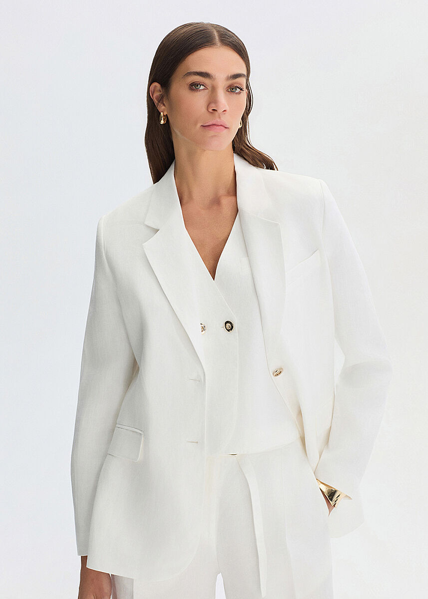 Beyaz Keten Blazer Ceket - KNITSS