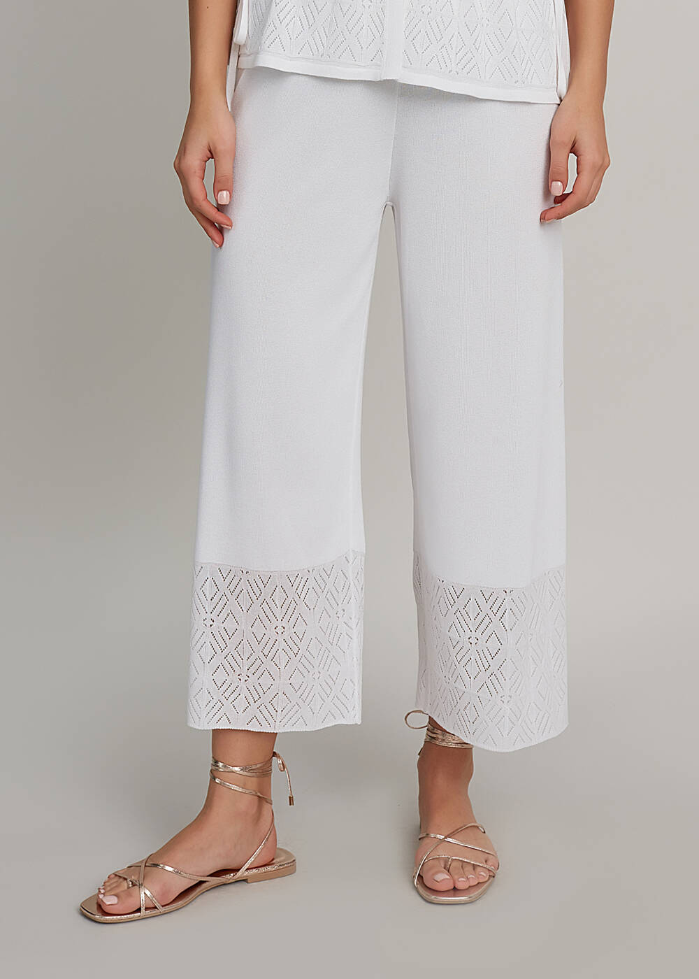 Beyaz Yazlık Crop Triko Pantolon - 1