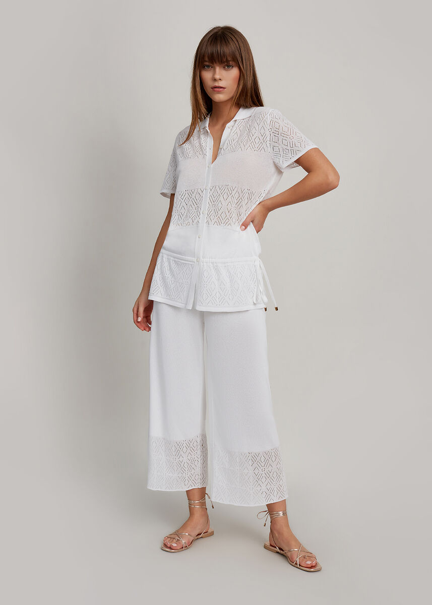 Beyaz Yazlık Crop Triko Pantolon · 2