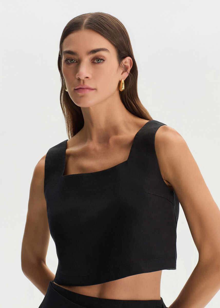 BLACK LINEN CROP TOP - KNITSS