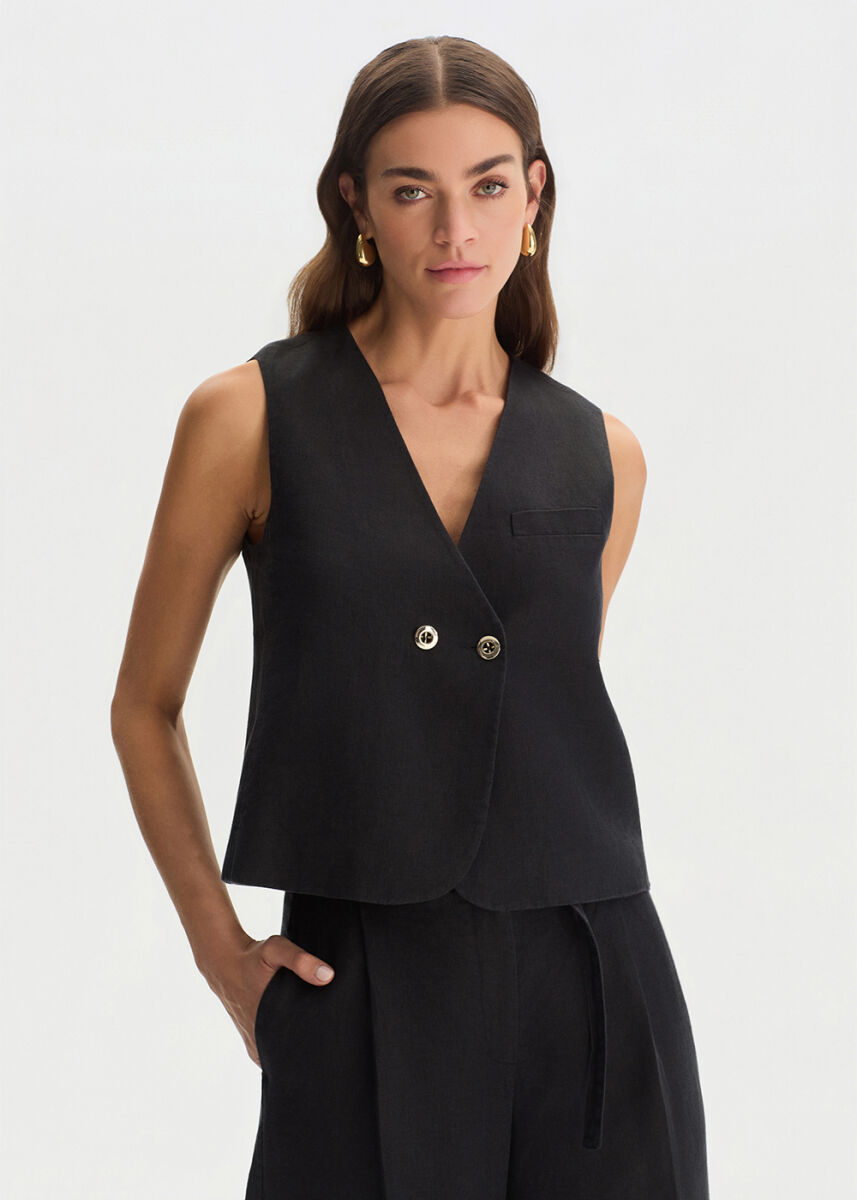 BLACK LINEN DOUBLE BUTTON VEST - KNITSS