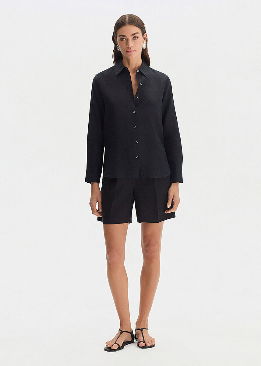 BLACK REGULAR FIT LINEN SHIRT - KNITSS