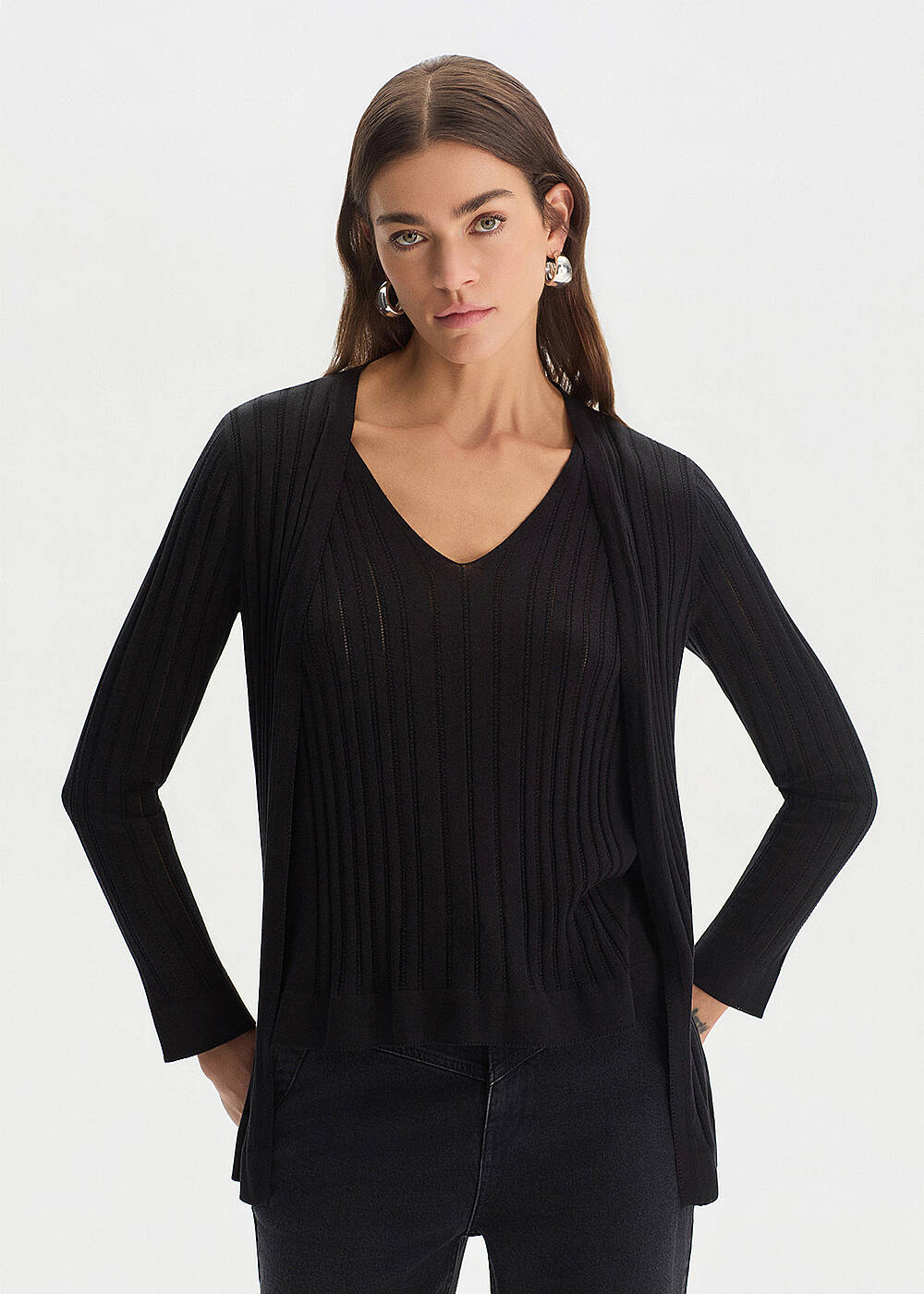BLACK SILK BLEND KNIT CARDIGAN - 1