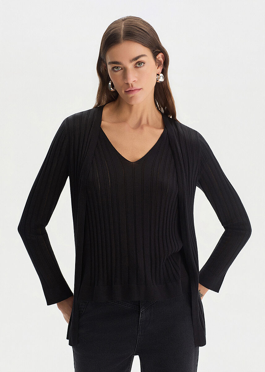 BLACK SILK BLEND KNIT CARDIGAN - KNITSS