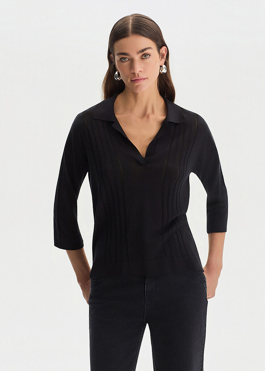 BLACK SILK BLEND POLO NECK SWEATER - KNITSS