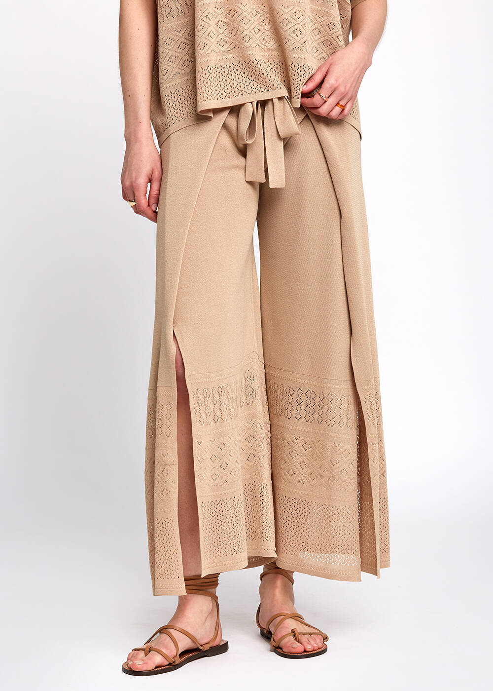 Bohem Tarz Crop Bej Triko Pantolon - 1