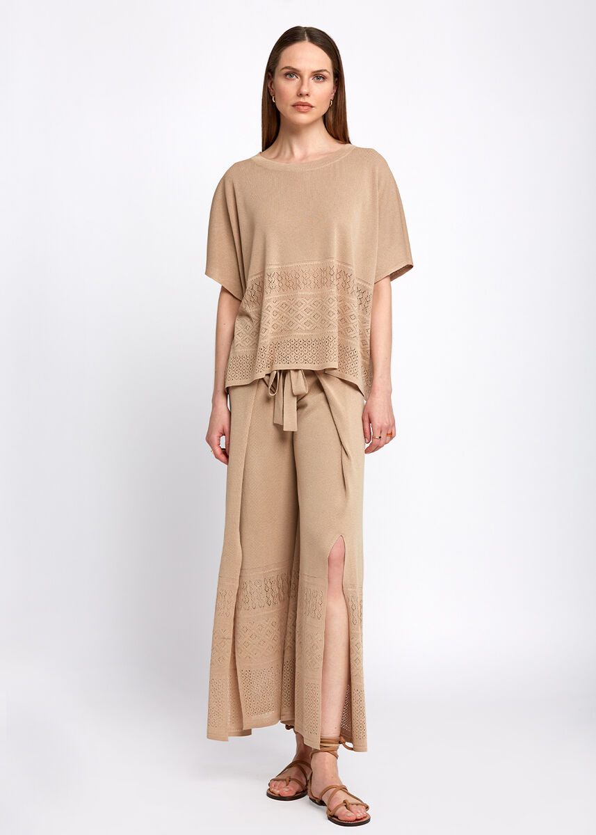 Bohem Tarz Crop Bej Triko Pantolon · 2