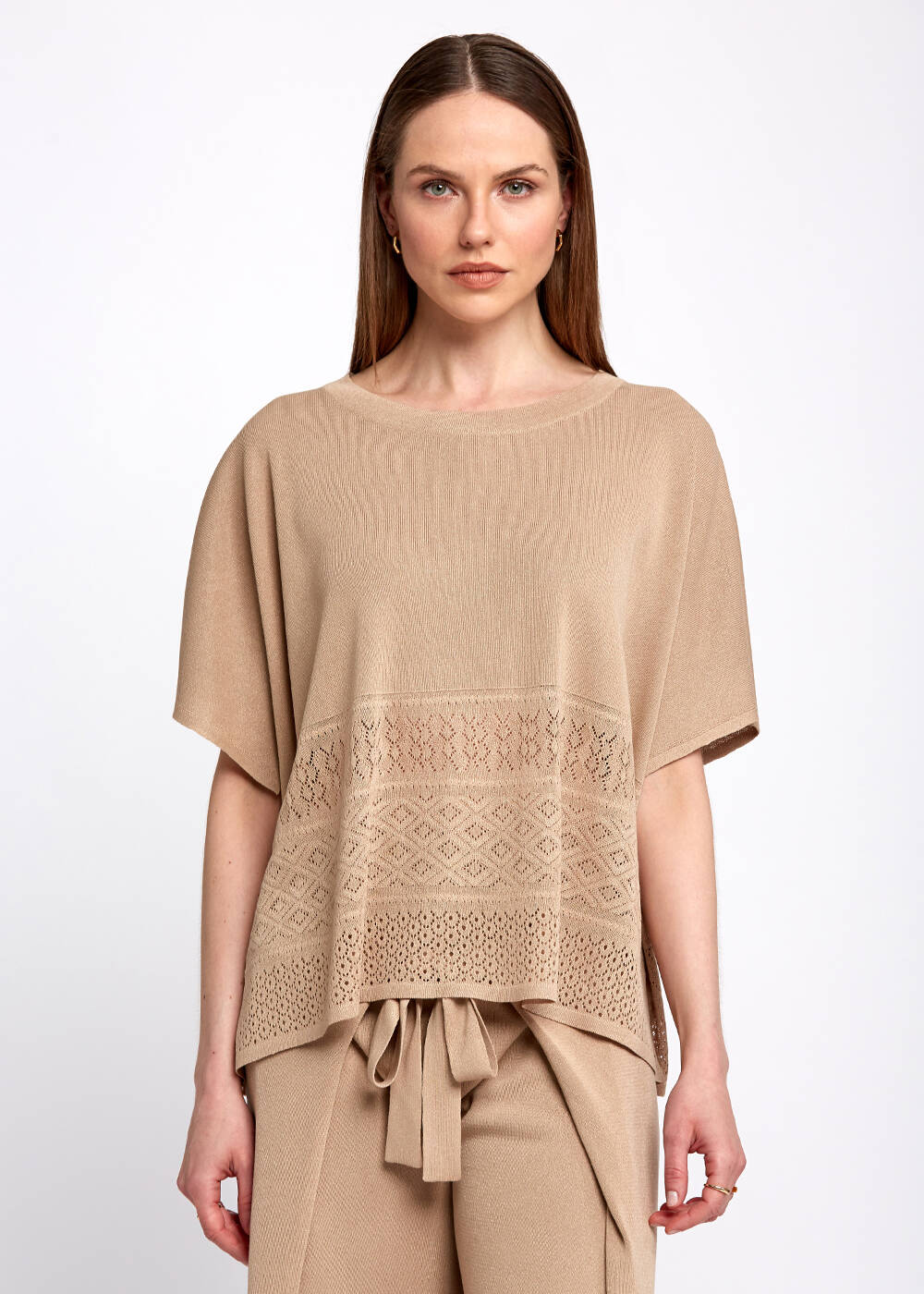Bohem Tarz Oversize Bej Triko Üst - 1