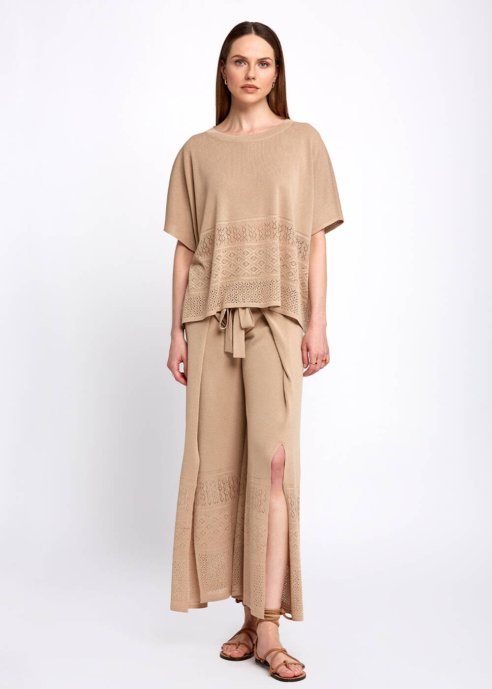 Bohem Tarz Oversize Bej Triko Üst - 2