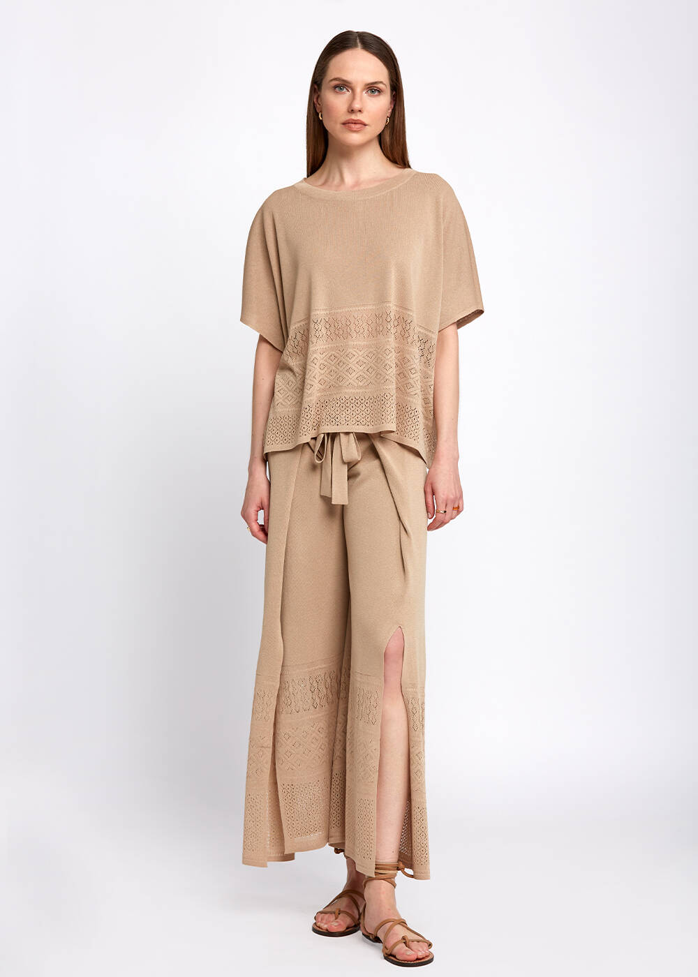 Bohemian Cropped Beige Knit Pants - 2