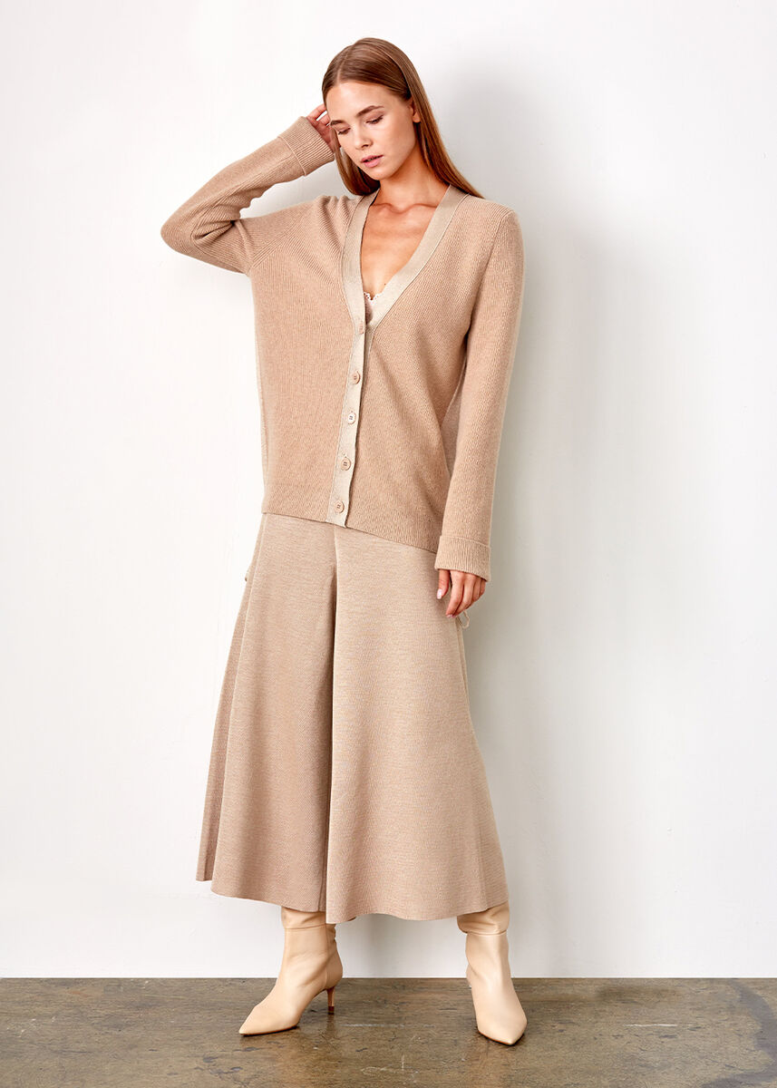 Bol Kesim İtalyan İplik Crop Bej Triko Pantolon · 2